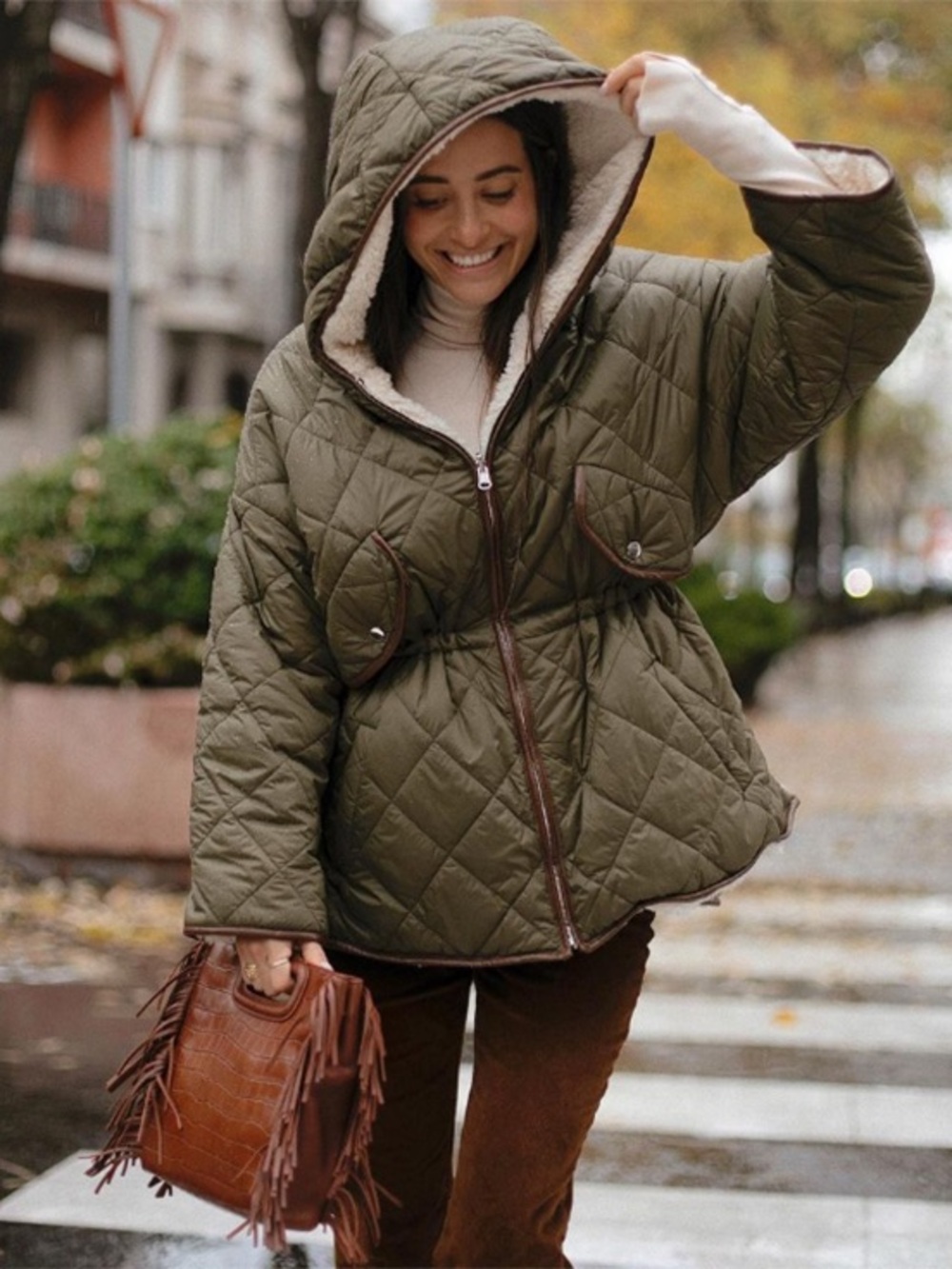 Maje Quilted Hooded Jacket in Khaki Green with Brown Trim
